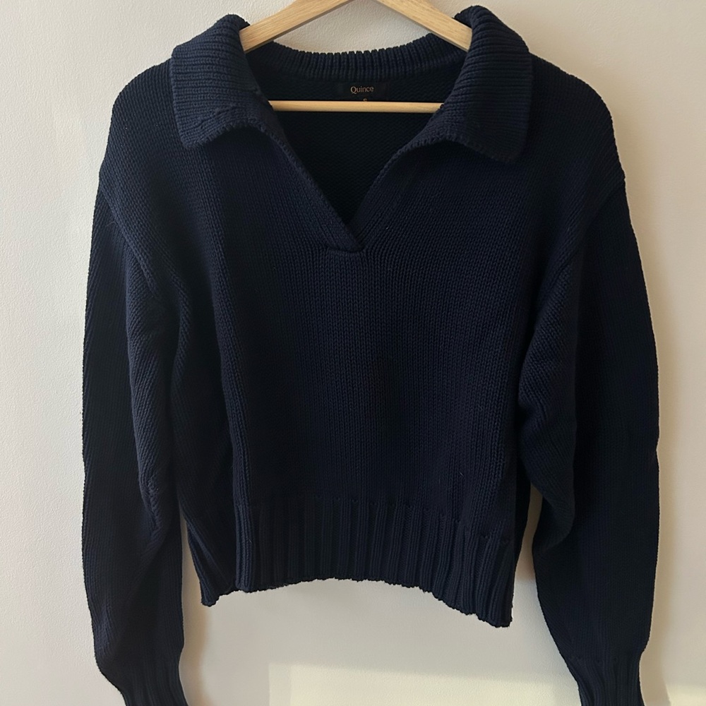 Quince Cropped Boxy Fit Navy Collared 100% Cotton Knit Sweater